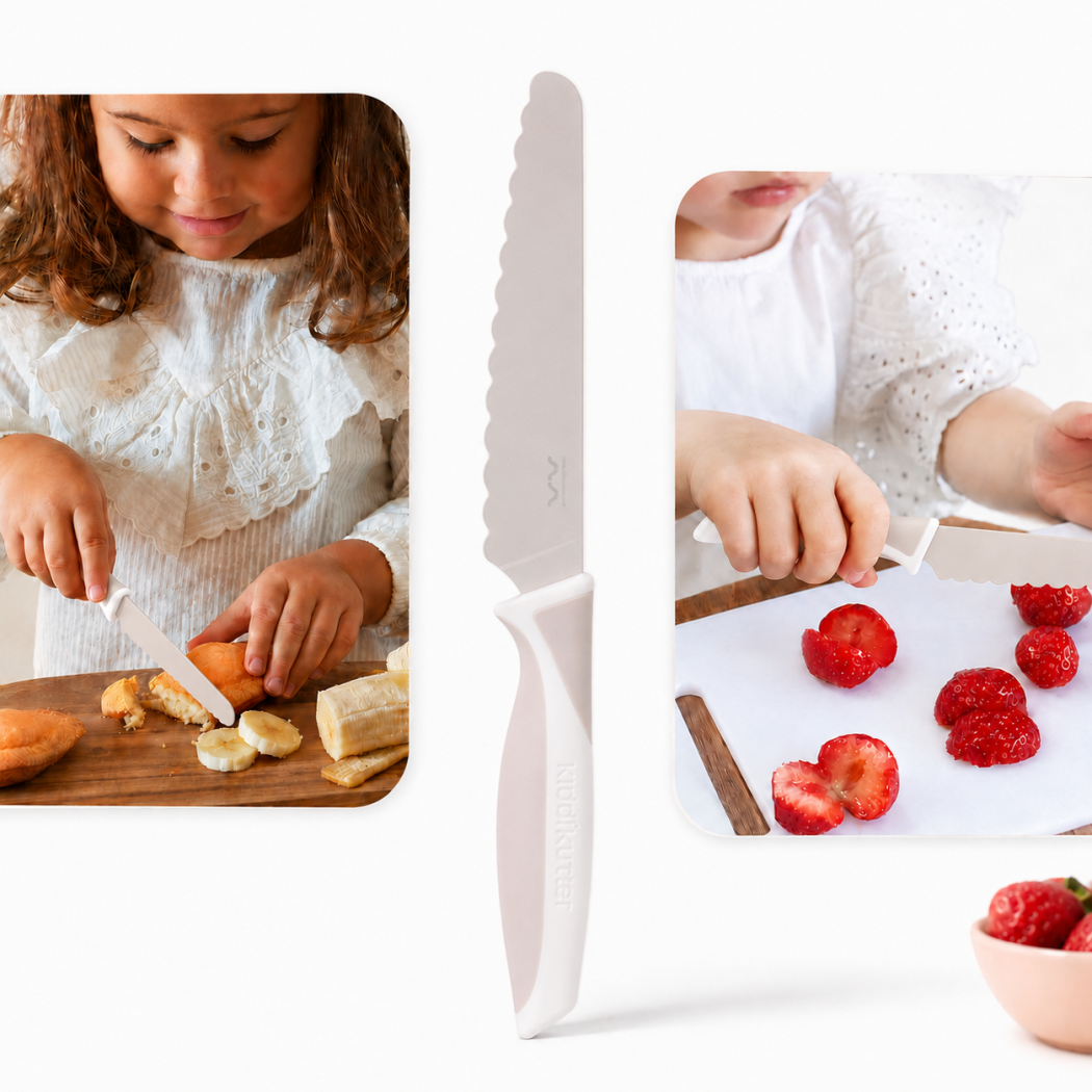 PROMOCJA Beżowy Bezpieczny Lekki Nóż Kuchenny do Nauki Krojenia dla Dzieci - Cream - KiddiKutter