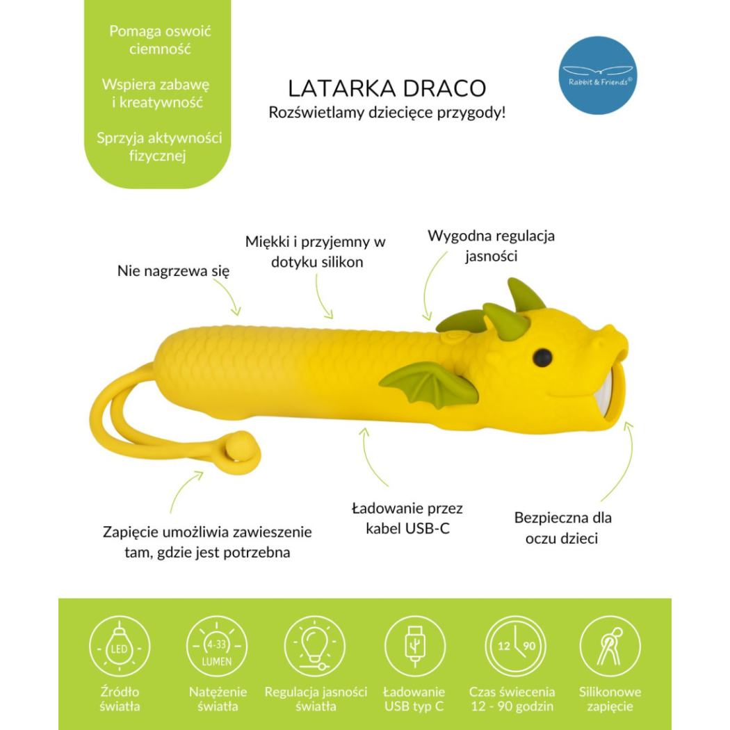 Latarka Smok Draco - Latarka dla Dzieci z Zawieszką - Rabbit & Friends