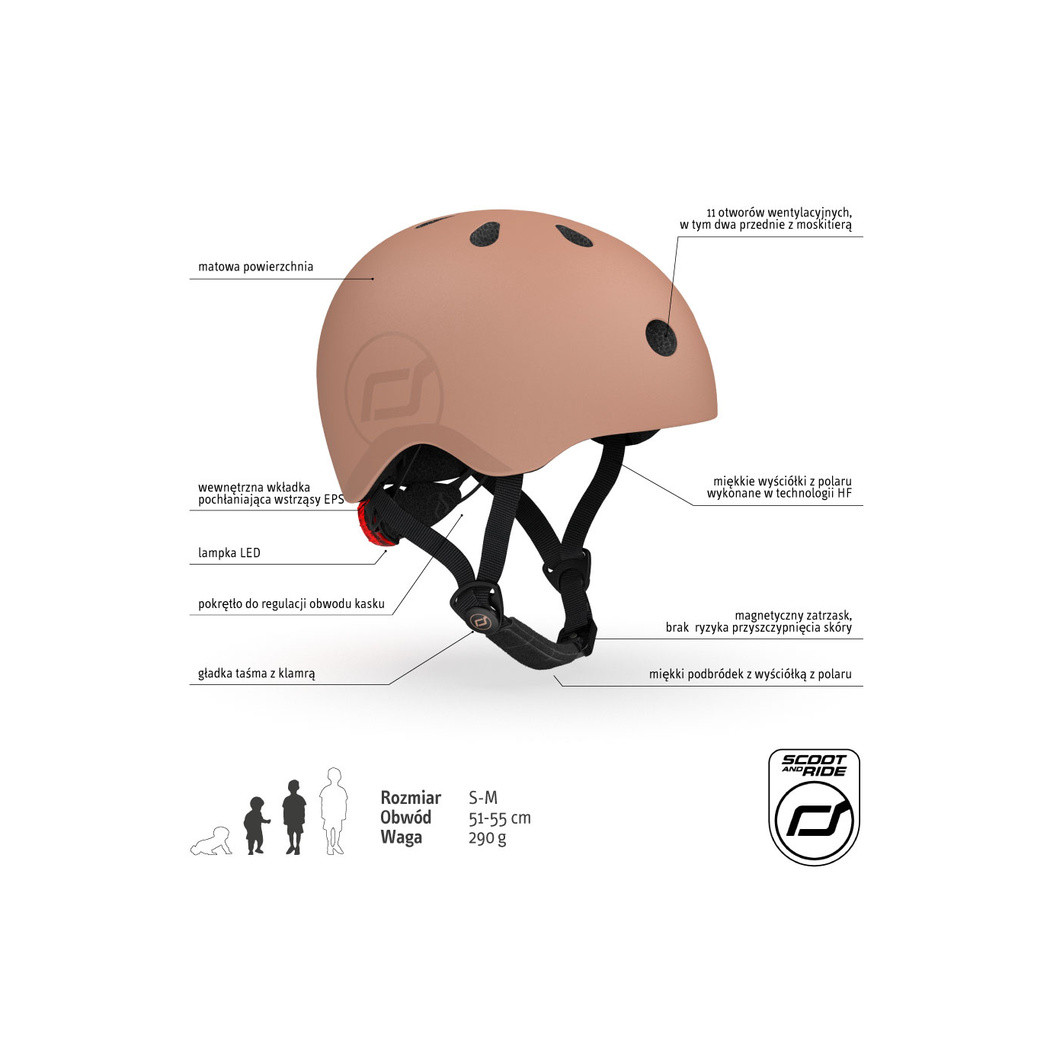 Mocha S-M - Ultralekki Regulowany Kask Dla Dzieci 3+ - Tylna Lampka LED - Scootandride