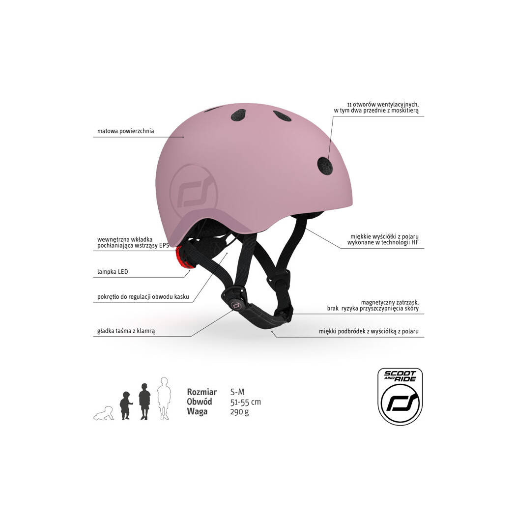 Wildberry S-M - Ultralekki Regulowany Kask Dla Dzieci 3+ (51-55 cm) - Tylna Lampka LED - Scootandride