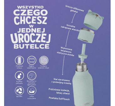 Kot Kiki - Butelka Termiczna 460 ml ze Słomką z Motywem Kotka - Bestie Bottle - Asobu