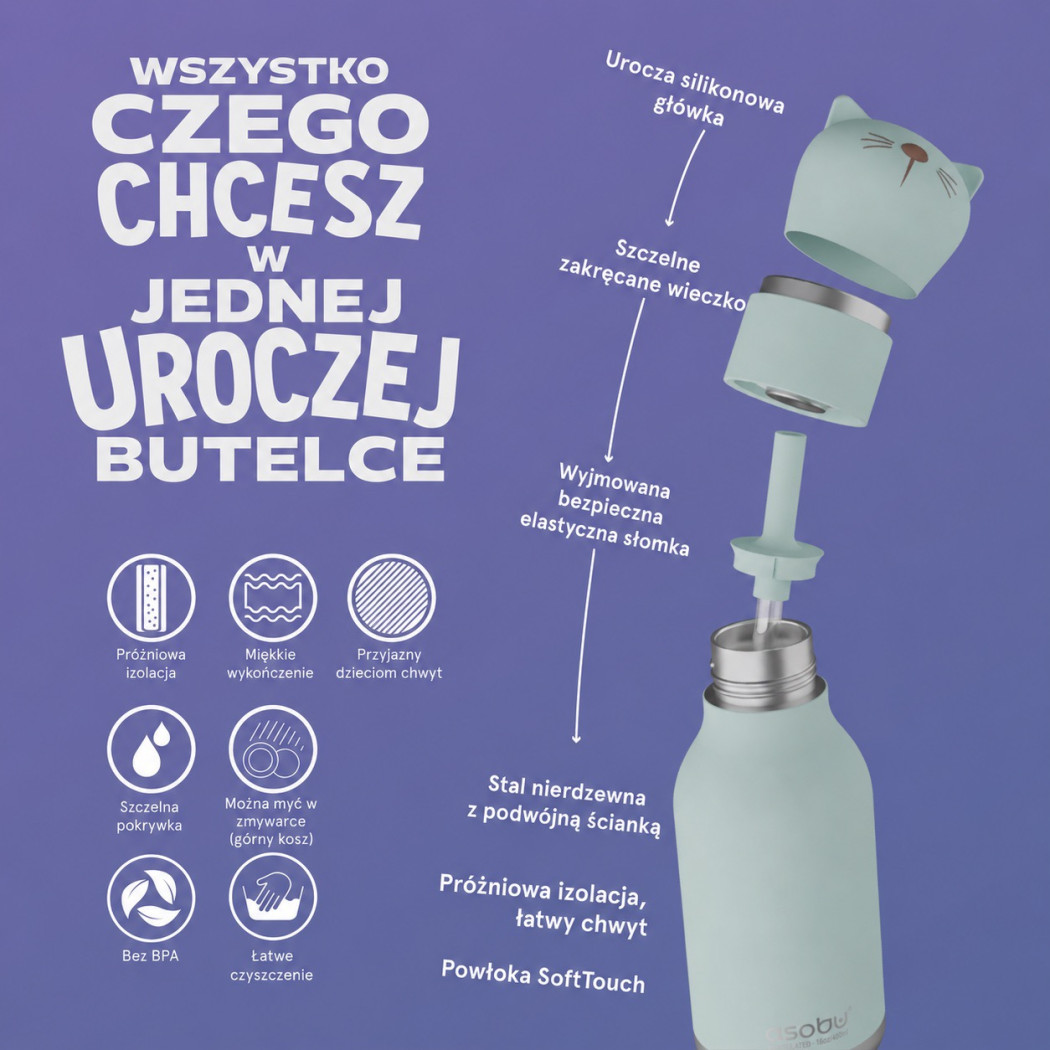 Kot Kiki - Butelka Termiczna 460 ml ze Słomką z Motywem Kotka - Bestie Bottle - Asobu