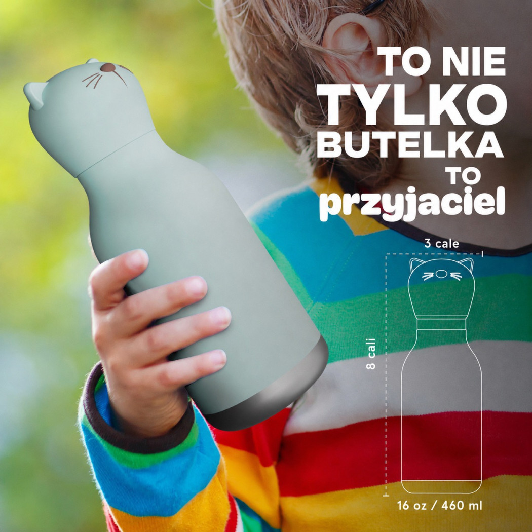 Kot Kiki - Butelka Termiczna 460 ml ze Słomką z Motywem Kotka - Bestie Bottle - Asobu