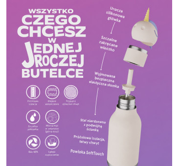 Jednorożec Sparkle - Butelka Termiczna 460 ml ze Słomką - Bestie Bottle - Asobu