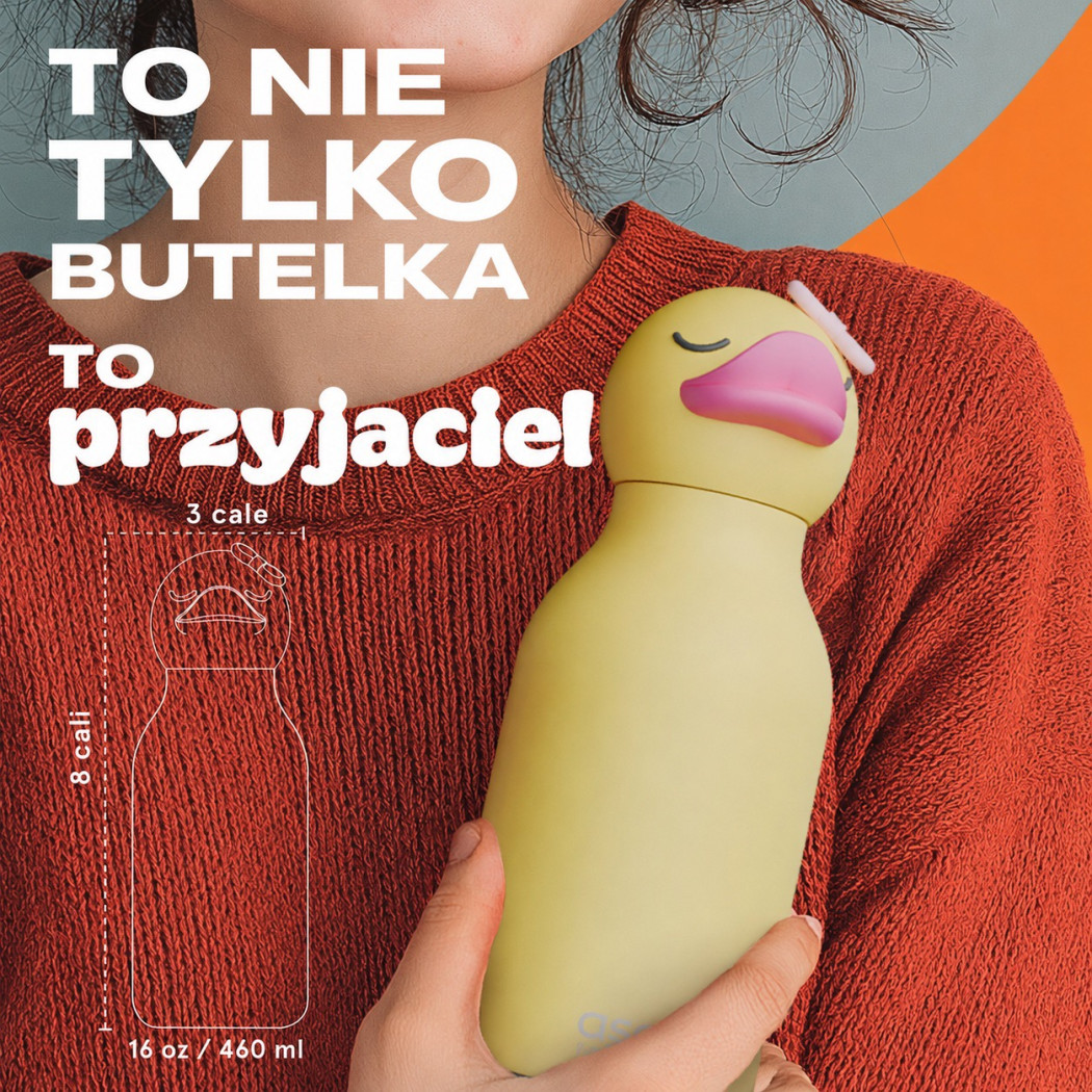 Kaczuszka Bryn - Butelka Termiczna 460 ml ze Słomką z Motywem Kaczki - Żółta Bestie Bottle - Asobu