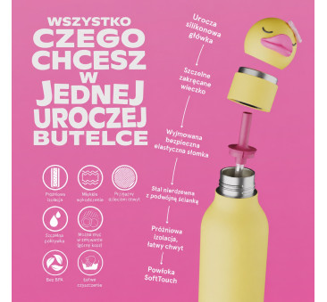 Kaczuszka Bryn - Butelka Termiczna 460 ml ze Słomką z Motywem Kaczki - Żółta Bestie Bottle - Asobu
