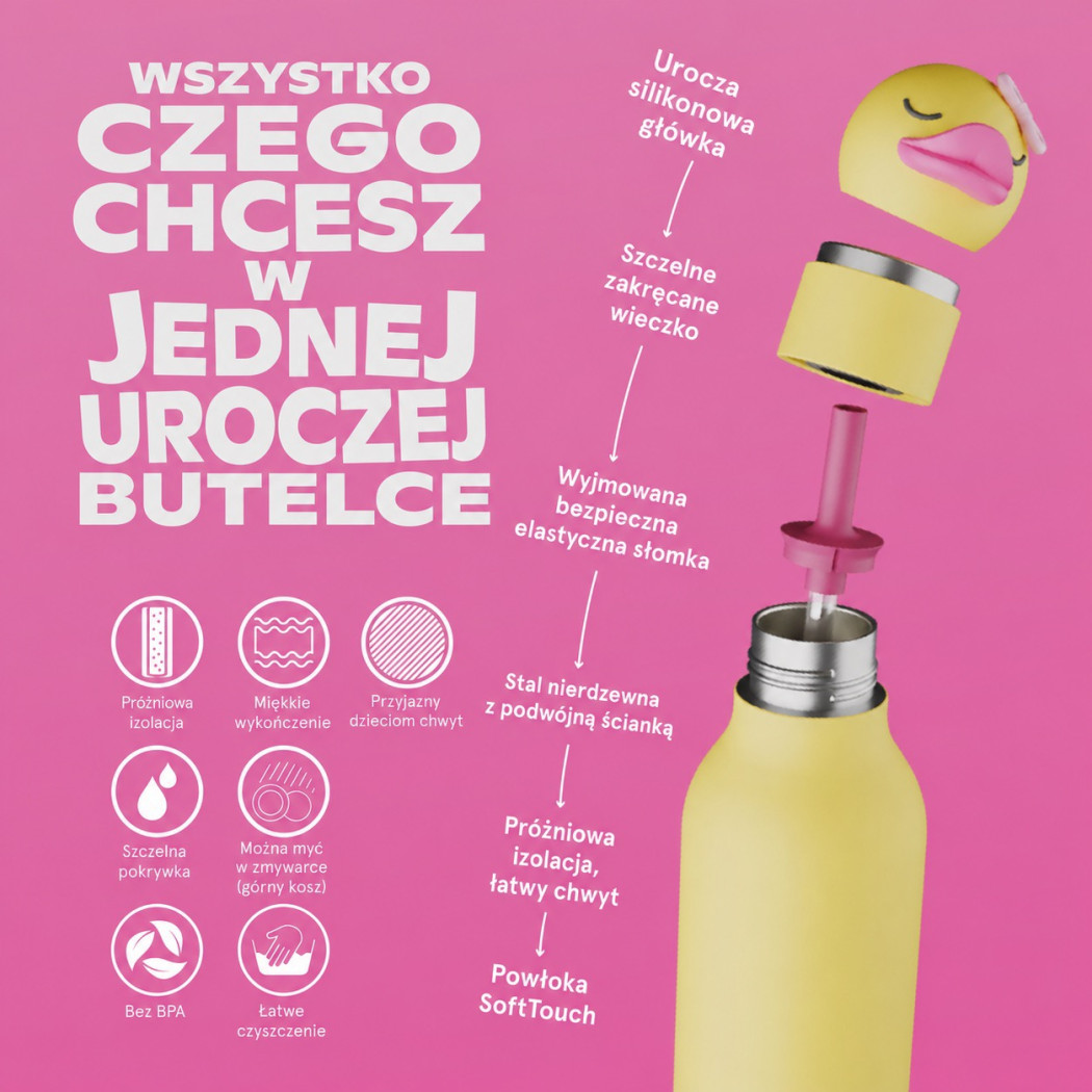 Kaczuszka Bryn - Butelka Termiczna 460 ml ze Słomką z Motywem Kaczki - Żółta Bestie Bottle - Asobu