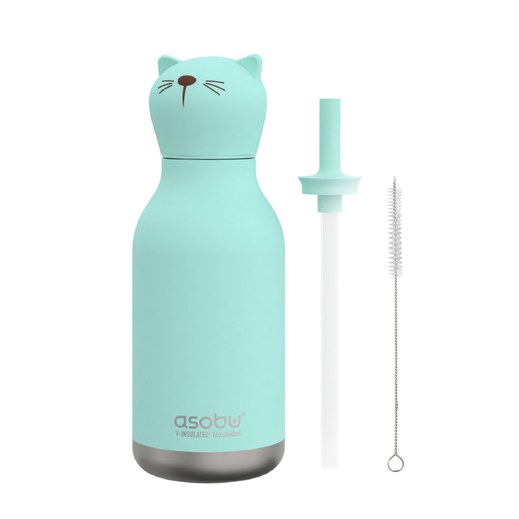Kot Kiki - Butelka Termiczna 460 ml ze Słomką z Motywem Kotka - Bestie Bottle - Asobu