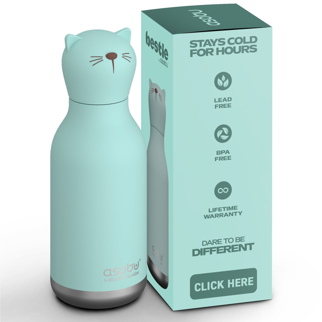 Kot Kiki - Butelka Termiczna 460 ml ze Słomką z Motywem Kotka - Bestie Bottle - Asobu