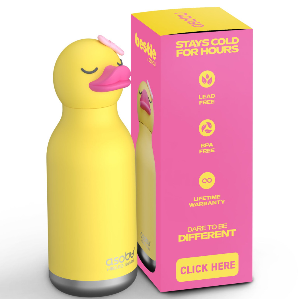 Kaczuszka Bryn - Butelka Termiczna 460 ml ze Słomką z Motywem Kaczki - Żółta Bestie Bottle - Asobu