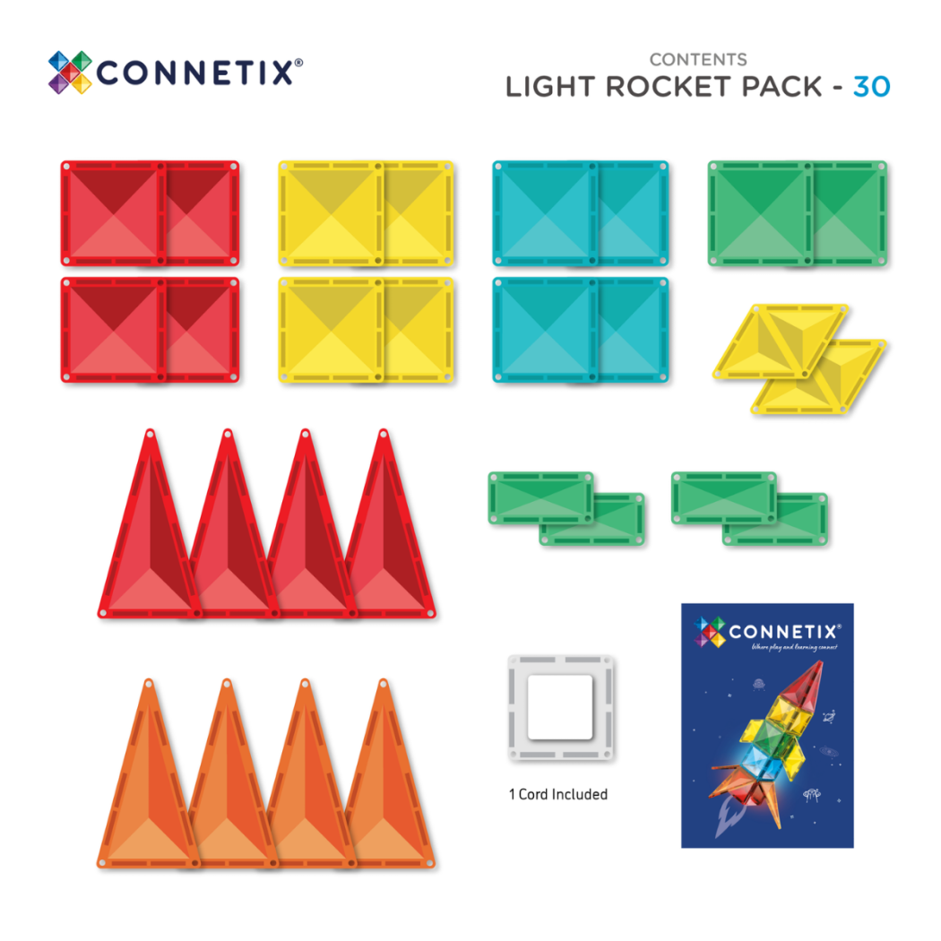 Świecąca Rakieta - Klocki Magnetyczne z Podświetlanym Klockiem LED - 30 Elementów - Connetix