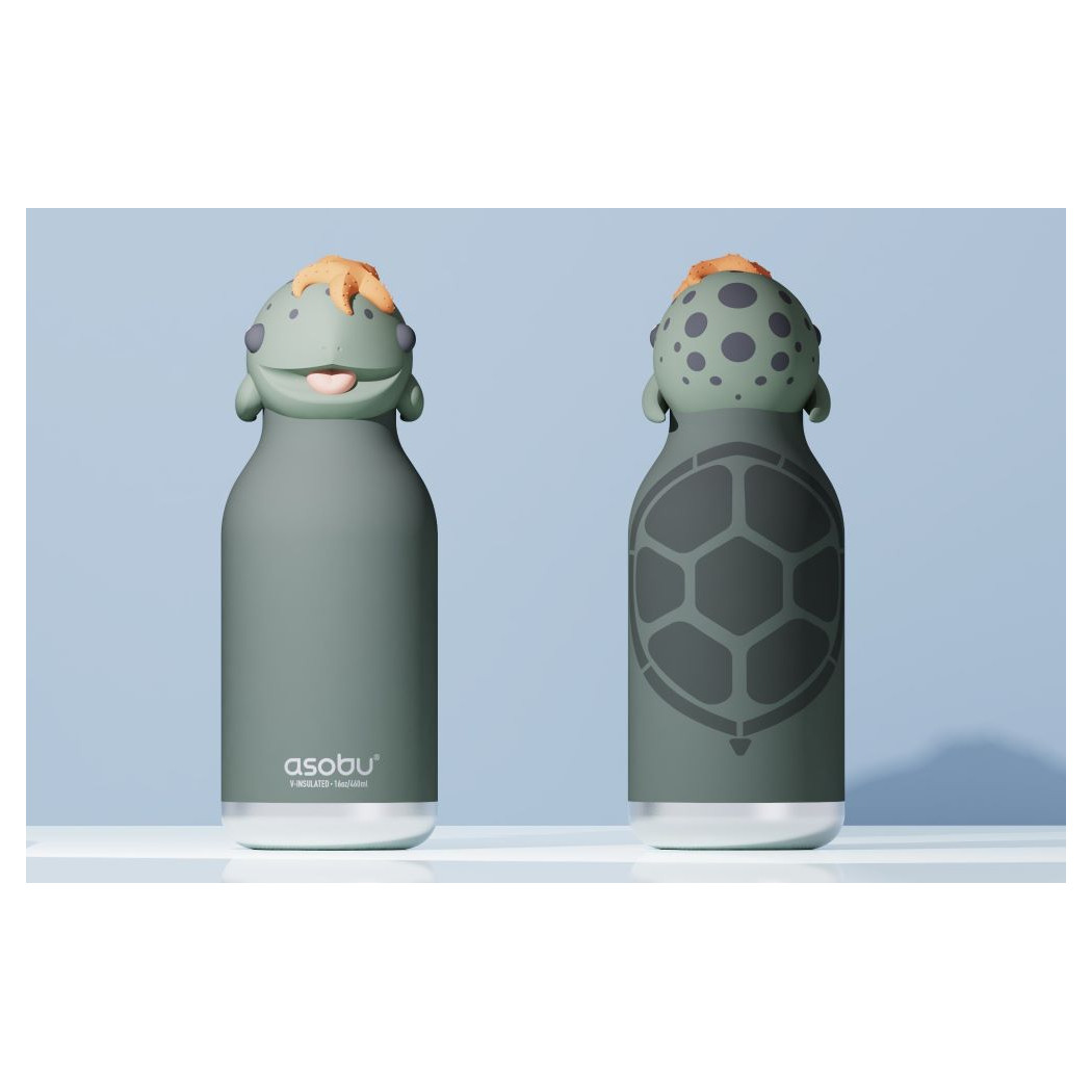 Żółw Sheldon - Butelka Termiczna 460 ml ze Słomką z Motywem Żółwia Morskiego - Zielona Bestie Bottle - Asobu