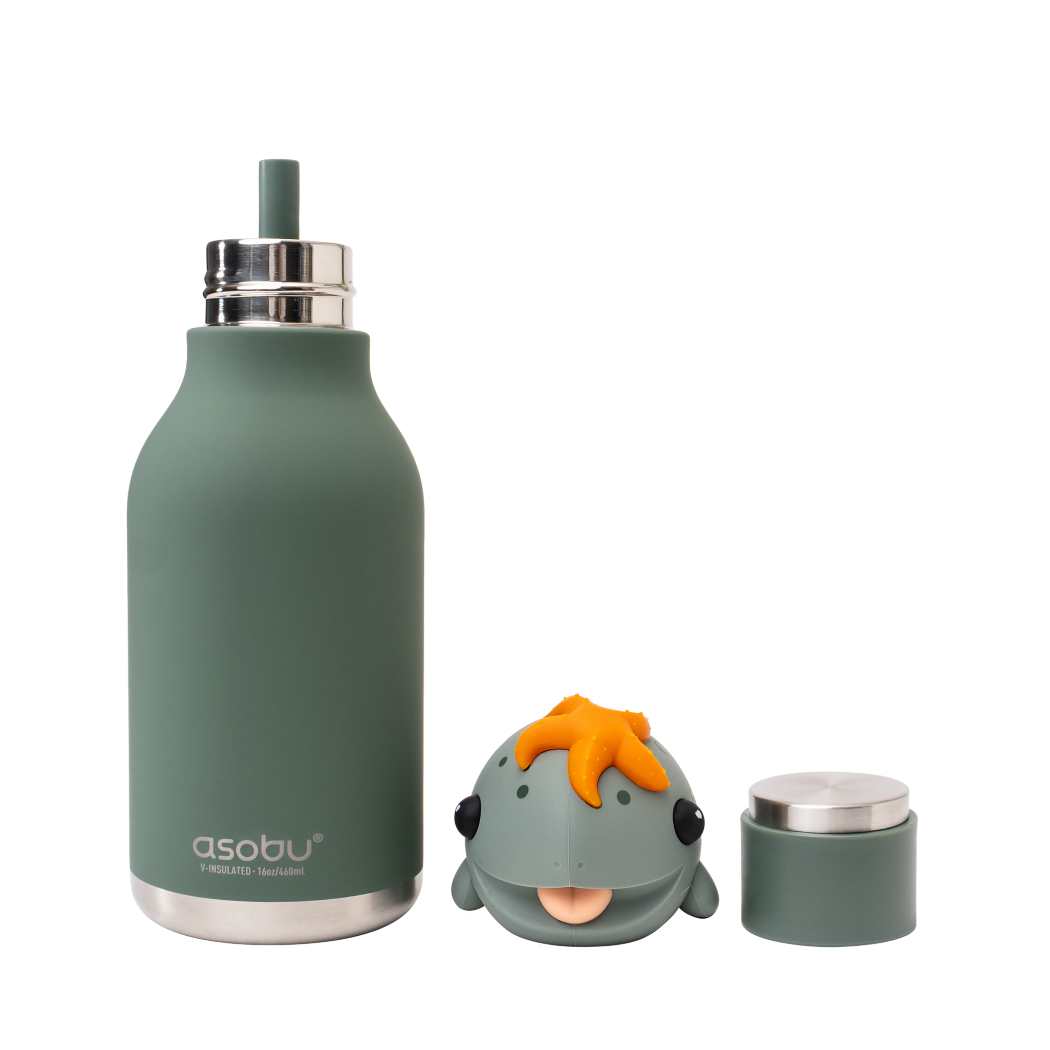 Żółw Sheldon - Butelka Termiczna 460 ml ze Słomką z Motywem Żółwia Morskiego - Zielona Bestie Bottle - Asobu