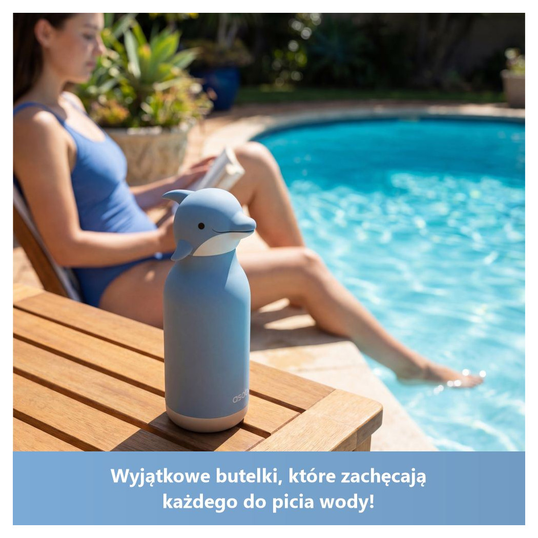 Delfin Kiyoshi - Butelka Termiczna 460 ml ze Słomką z Motywem Delfina - Niebieska Bestie Bottle - Asobu