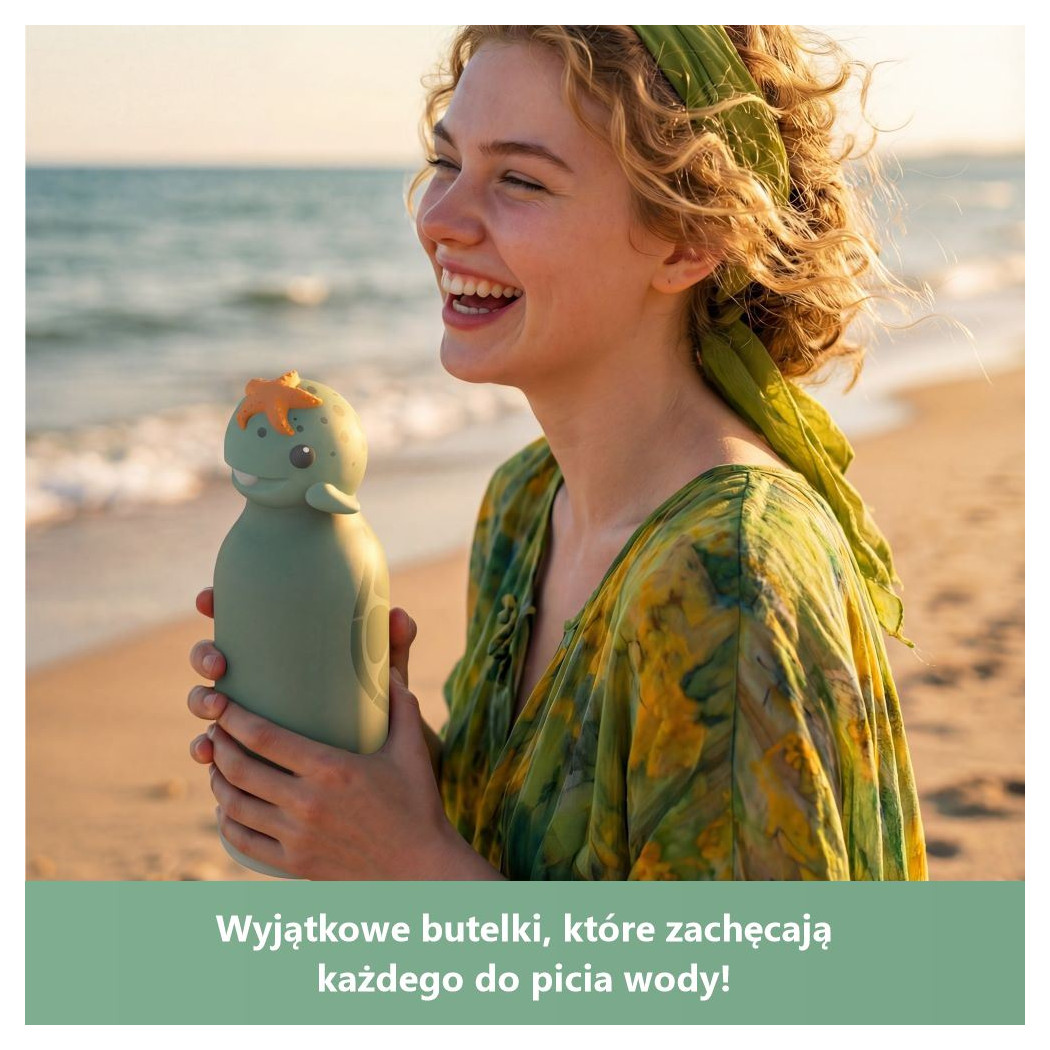 Żółw Sheldon - Butelka Termiczna 460 ml ze Słomką z Motywem Żółwia Morskiego - Zielona Bestie Bottle - Asobu