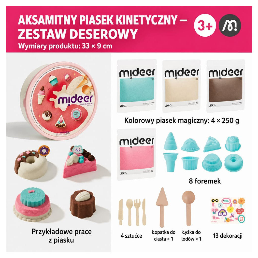 Magiczny Piasek Słodkości - Masa Kinetyczna Foremki i Narzędzia - Pojemnik z Pokrywką - Mideer