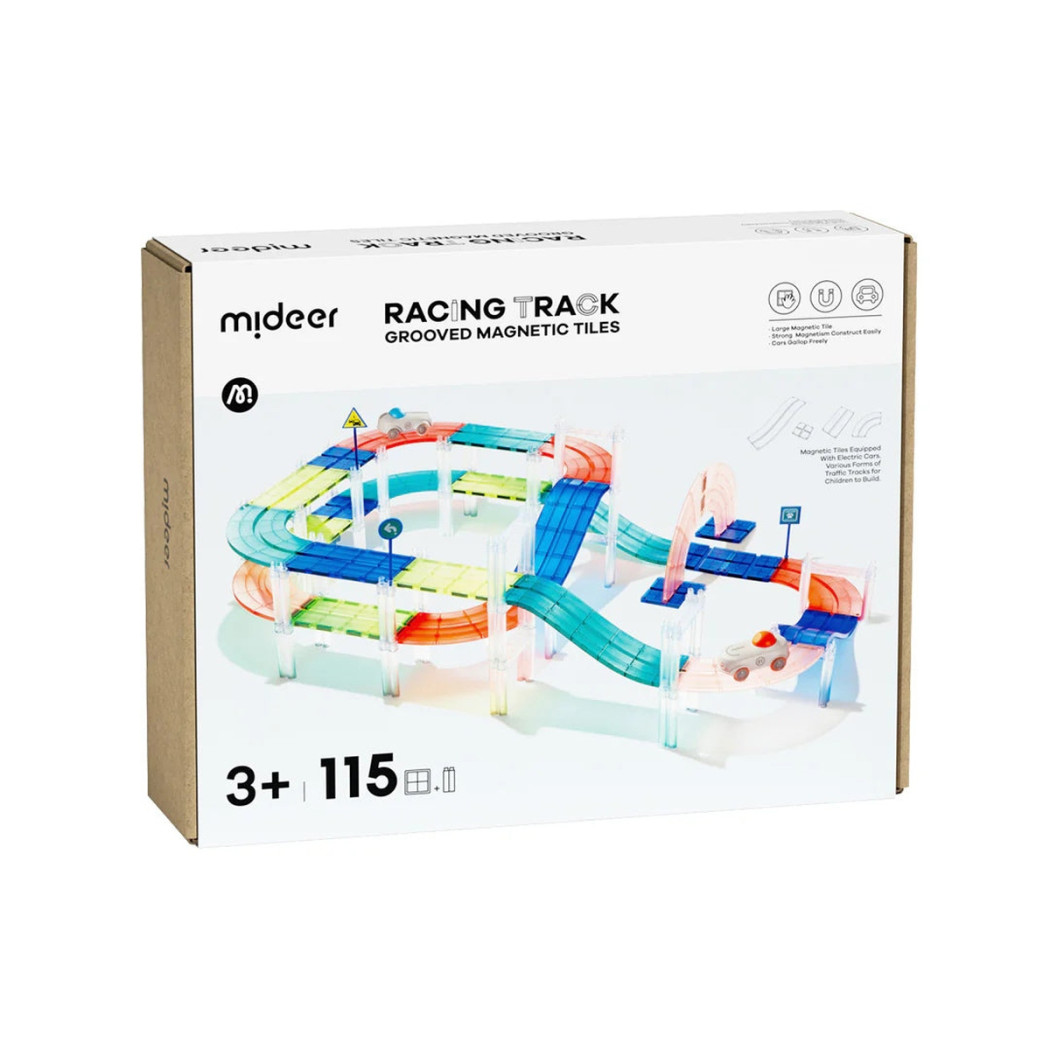 Magnetyczny Tor Wyścigowy - Klocki Magnetyczne z Autkami na Baterie - 115 elementów - Mideer