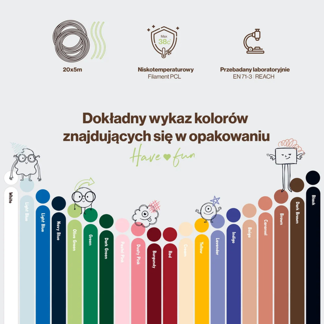 Filament Kid Pen - Dodatkowe Wkłady do Długopisu 3D - 20 Kolorów po 5 metrów - Kidinex