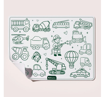 Kid Sketch Little Vehicles - Silikonowa Mata do Kolorowania i Pisania - 6 Zmywalnych Markerów - Kidinex