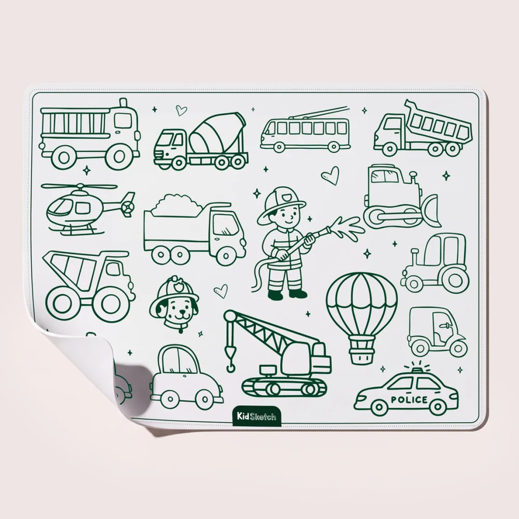 Kid Sketch Little Vehicles - Silikonowa Mata do Kolorowania i Pisania - 6 Zmywalnych Markerów - Kidinex