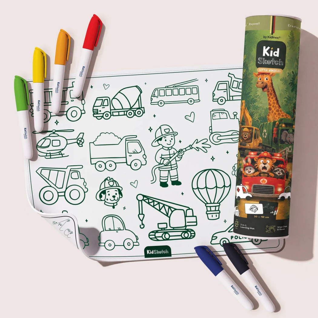 Kid Sketch Little Vehicles - Silikonowa Mata do Kolorowania i Pisania - 6 Zmywalnych Markerów - Kidinex