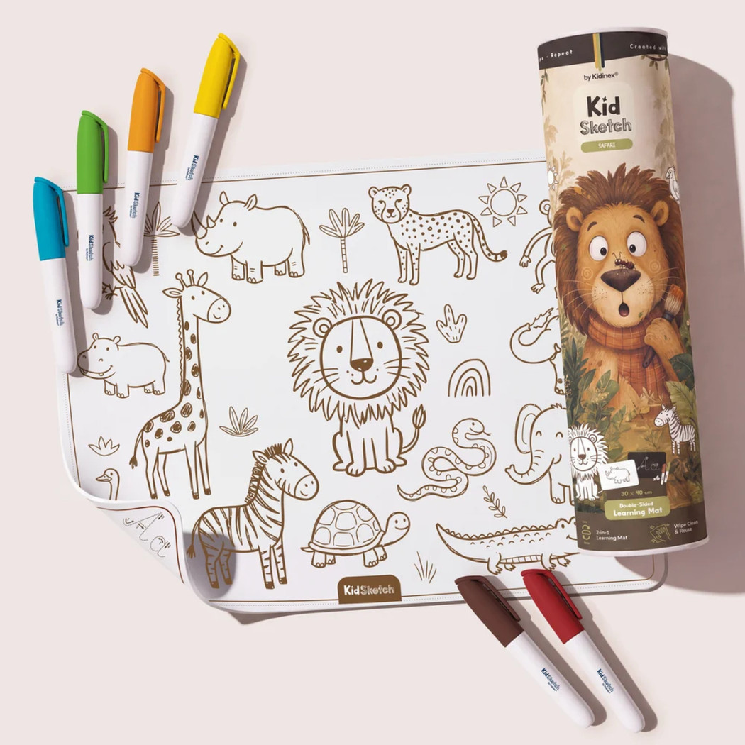 Kid Sketch Safari - Silikonowa Mata do Kolorowania i Pisania - 6 Zmywalnych Markerów - Kidinex