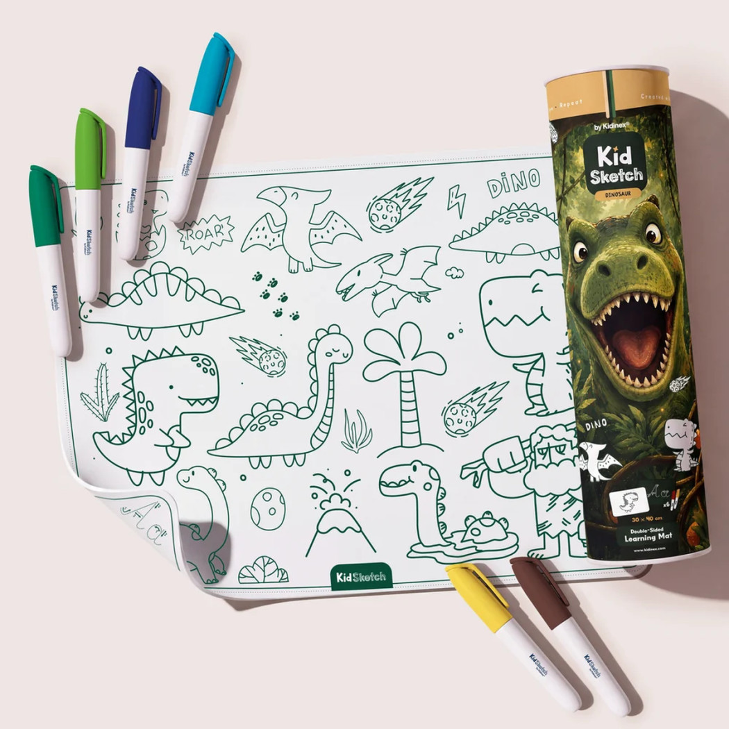Kid Sketch Dinozaury - Silikonowa Mata do Kolorowania i Pisania - 6 Zmywalnych Markerów - Kidinex