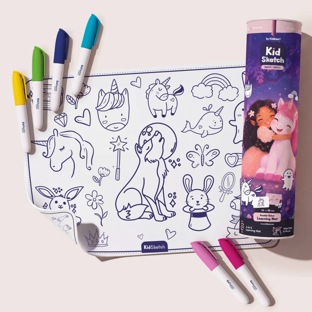 Kid Sketch Magic Forest - Silikonowa Mata do Kolorowania i Pisania - 6 Zmywalnych Markerów - Kidinex