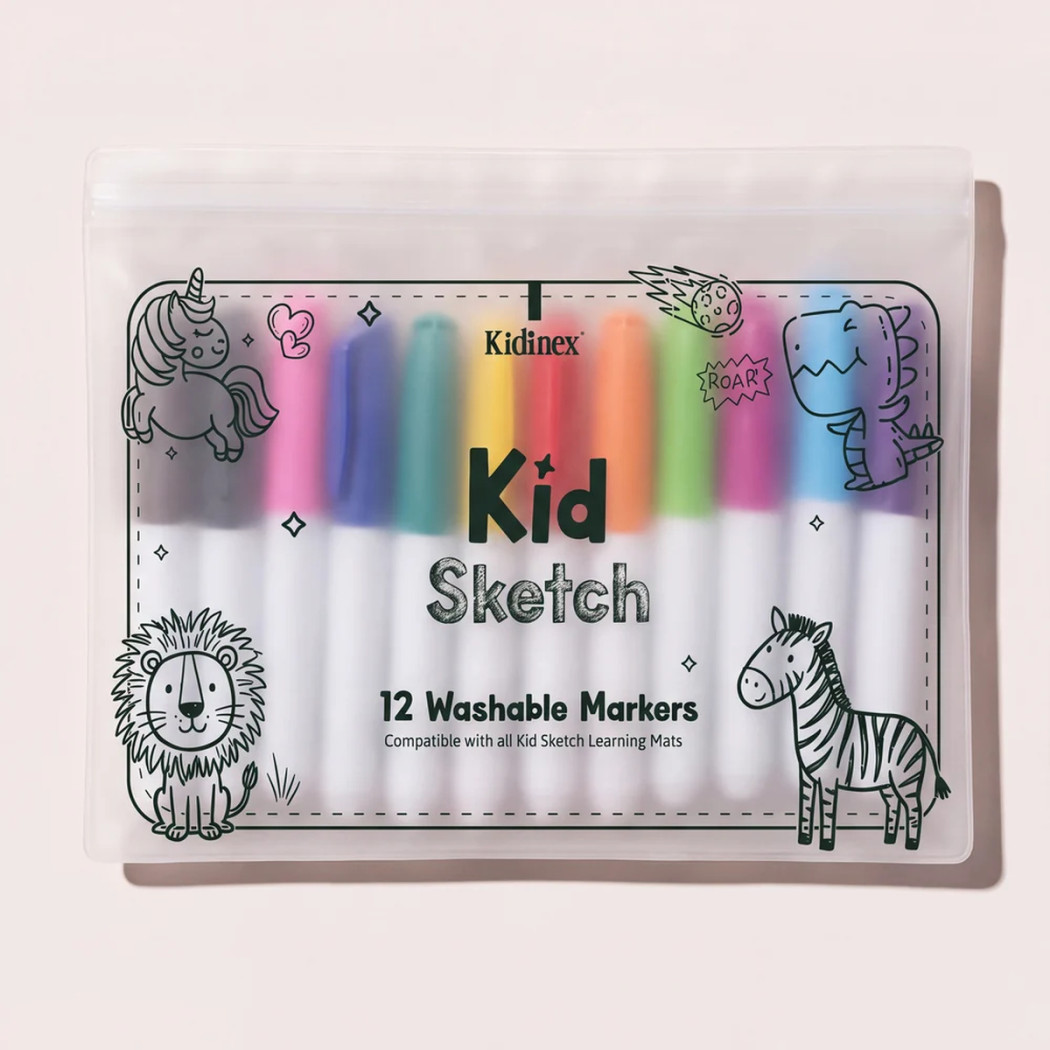 Markery Kid Sketch - 12 Kolorów Zmywalne Mazaki Pisaki do Mat Silikonowych - Kidinex