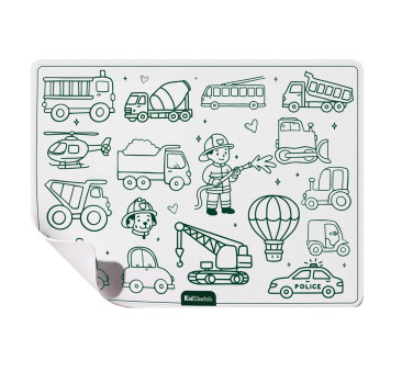 Kid Sketch Little Vehicles - Silikonowa Mata do Kolorowania i Pisania - 6 Zmywalnych Markerów - Kidinex