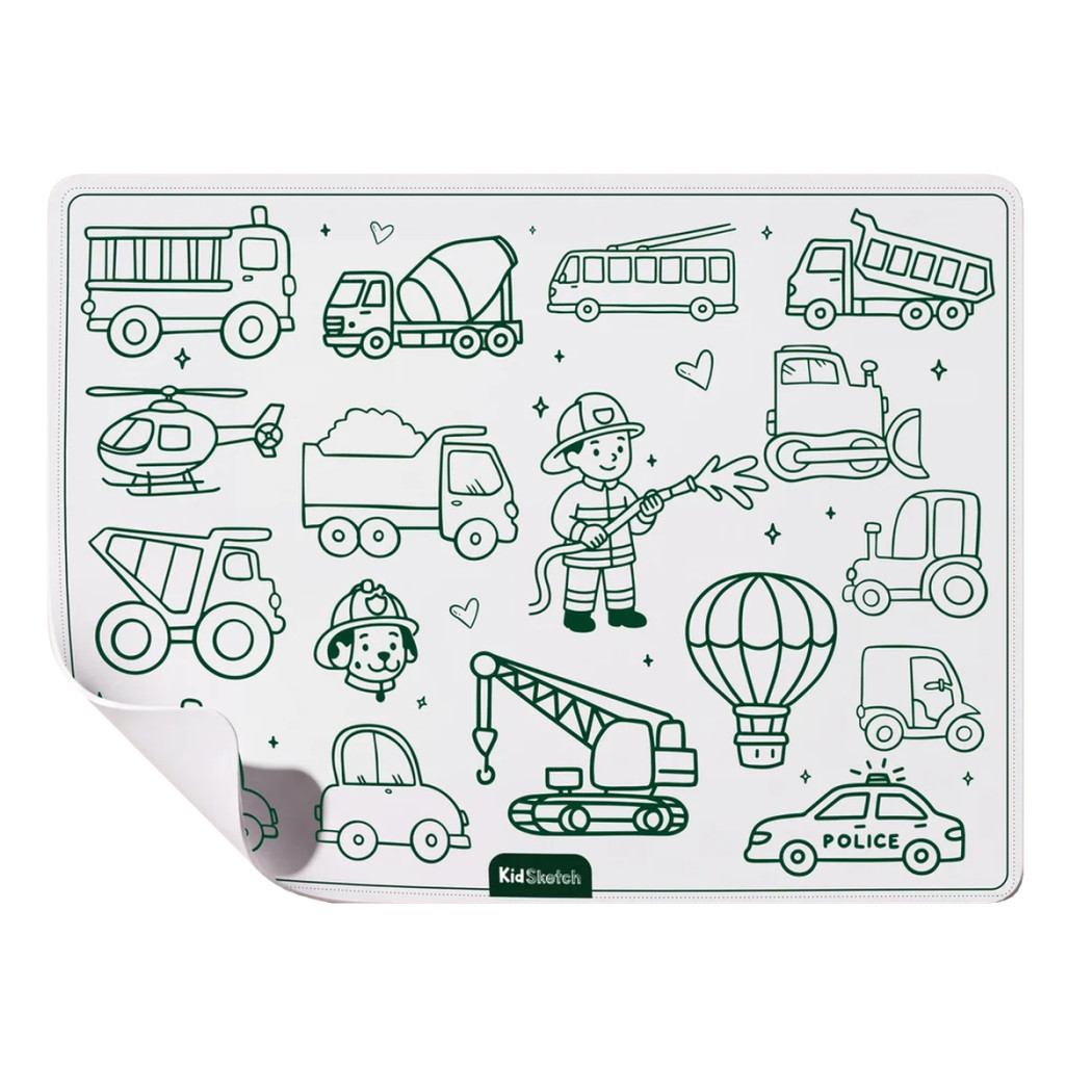 Kid Sketch Little Vehicles - Silikonowa Mata do Kolorowania i Pisania - 6 Zmywalnych Markerów - Kidinex