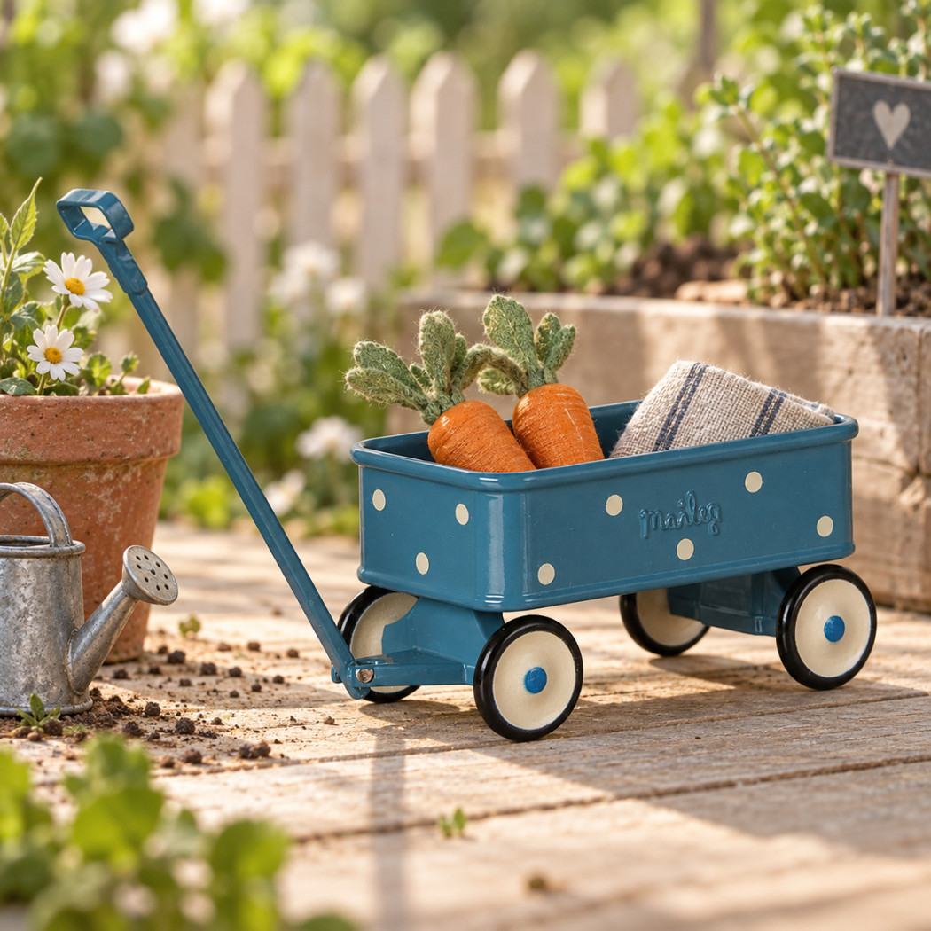 Niebieski Wózek Wagonik z Rączką - Akcesoria dla Myszek - Wagon - Maileg